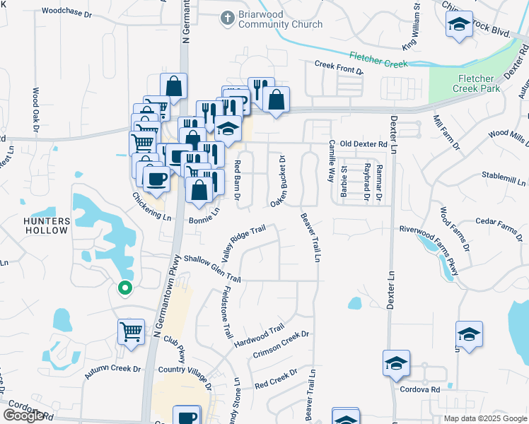 map of restaurants, bars, coffee shops, grocery stores, and more near 1602 Smokehouse Drive in Memphis
