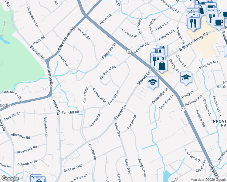 map of restaurants, bars, coffee shops, grocery stores, and more near 2820 Wintergreen Drive in Charlotte