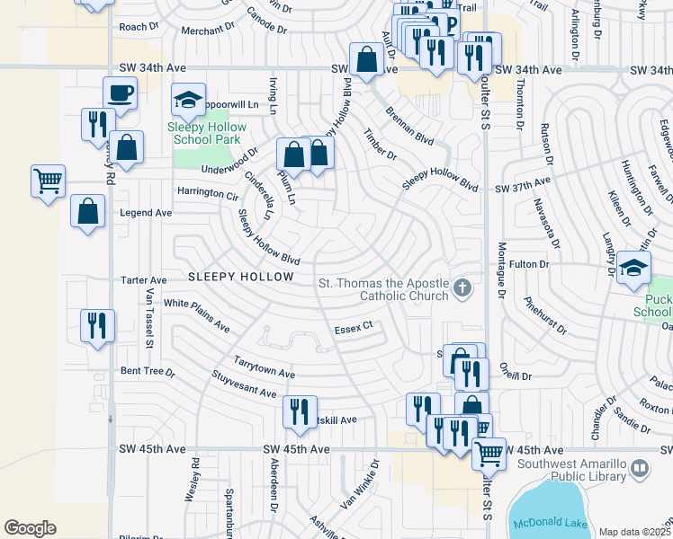 map of restaurants, bars, coffee shops, grocery stores, and more near 7514 Sleepy Hollow Boulevard in Amarillo