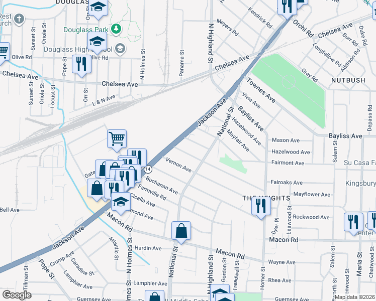 map of restaurants, bars, coffee shops, grocery stores, and more near 3437 Fairoaks Avenue in Memphis