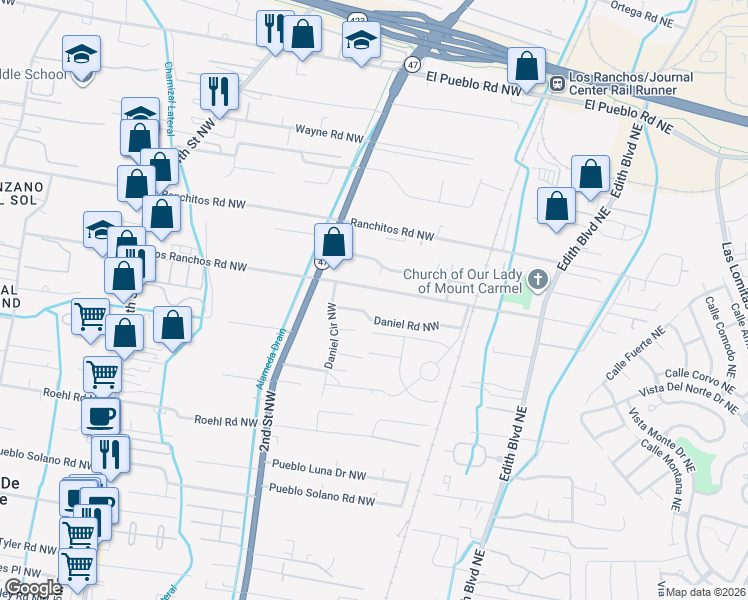 map of restaurants, bars, coffee shops, grocery stores, and more near 127 Los Ranchos Road Northwest in Albuquerque