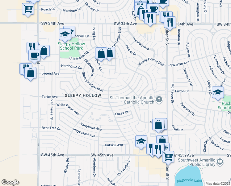map of restaurants, bars, coffee shops, grocery stores, and more near 7514 Sleepy Hollow Boulevard in Amarillo