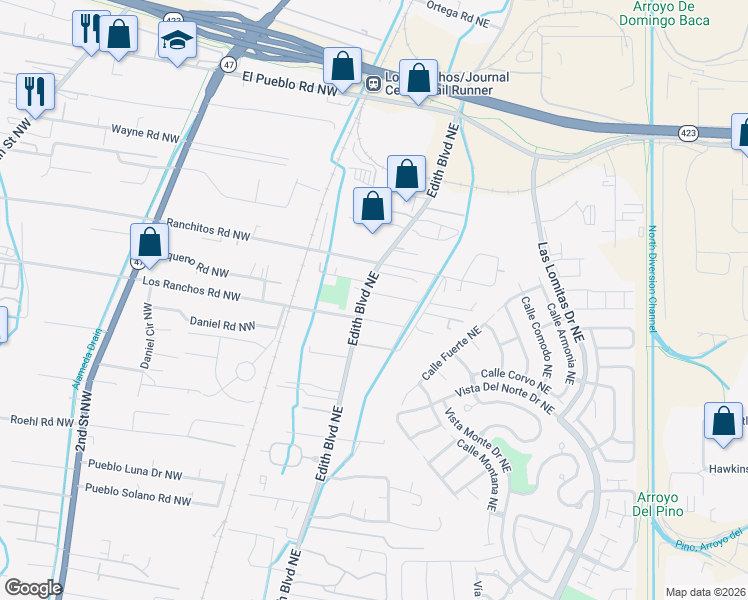 map of restaurants, bars, coffee shops, grocery stores, and more near 203 Garcia Road Northeast in Albuquerque