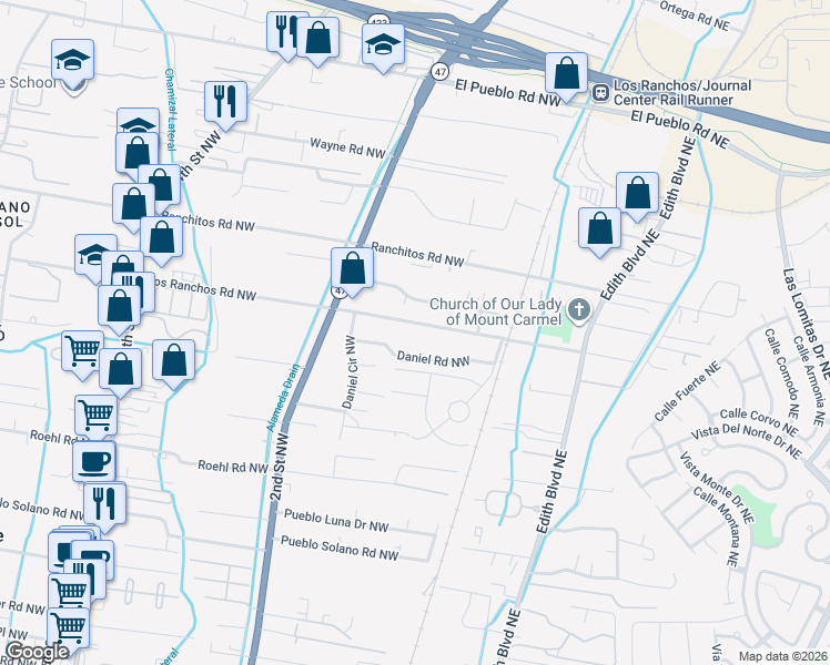 map of restaurants, bars, coffee shops, grocery stores, and more near 127 Los Ranchos Road Northwest in Albuquerque