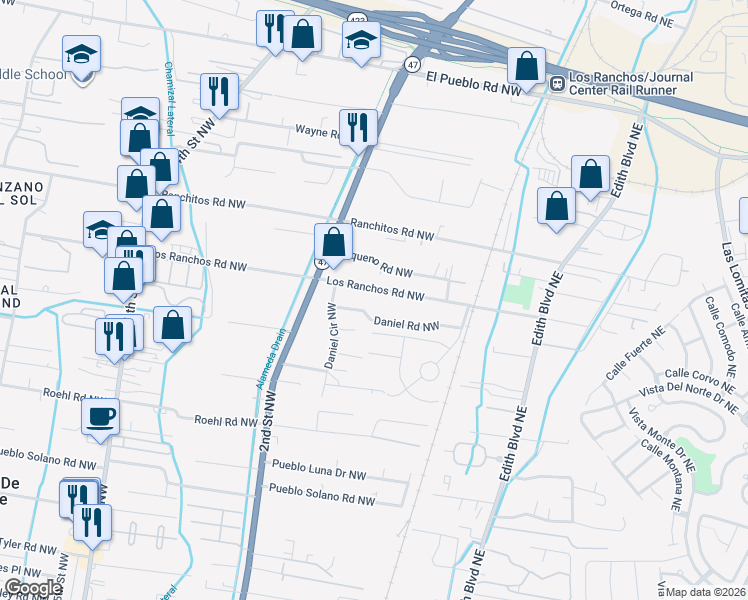 map of restaurants, bars, coffee shops, grocery stores, and more near 127 Los Ranchos Road Northwest in Albuquerque