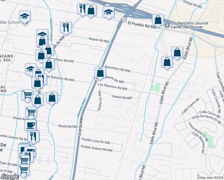 map of restaurants, bars, coffee shops, grocery stores, and more near 127 Los Ranchos Road Northwest in Albuquerque