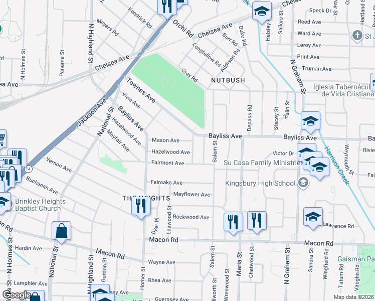 map of restaurants, bars, coffee shops, grocery stores, and more near 3737 Mason Avenue in Memphis