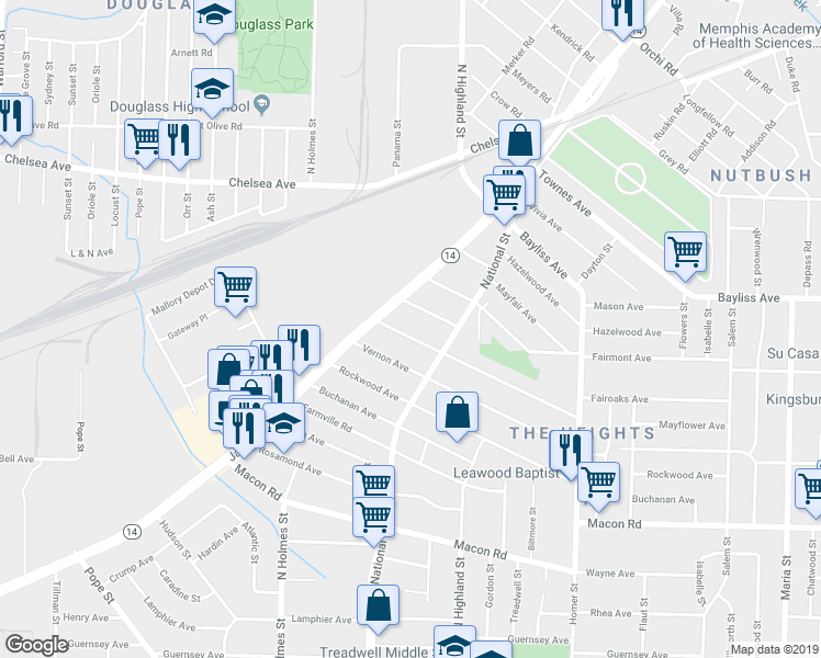 map of restaurants, bars, coffee shops, grocery stores, and more near 3437 Fairoaks Avenue in Memphis
