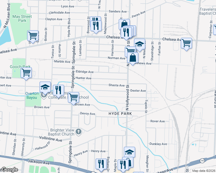 map of restaurants, bars, coffee shops, grocery stores, and more near 2346 Shasta Avenue in Memphis