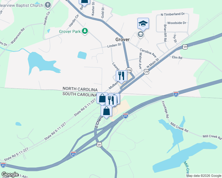map of restaurants, bars, coffee shops, grocery stores, and more near 308 Mulberry Road in Grover