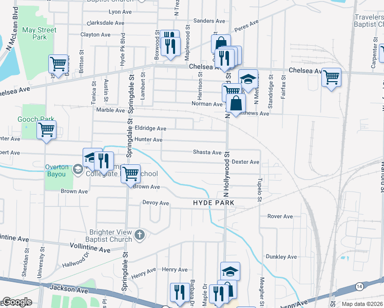 map of restaurants, bars, coffee shops, grocery stores, and more near 2346 Shasta Avenue in Memphis