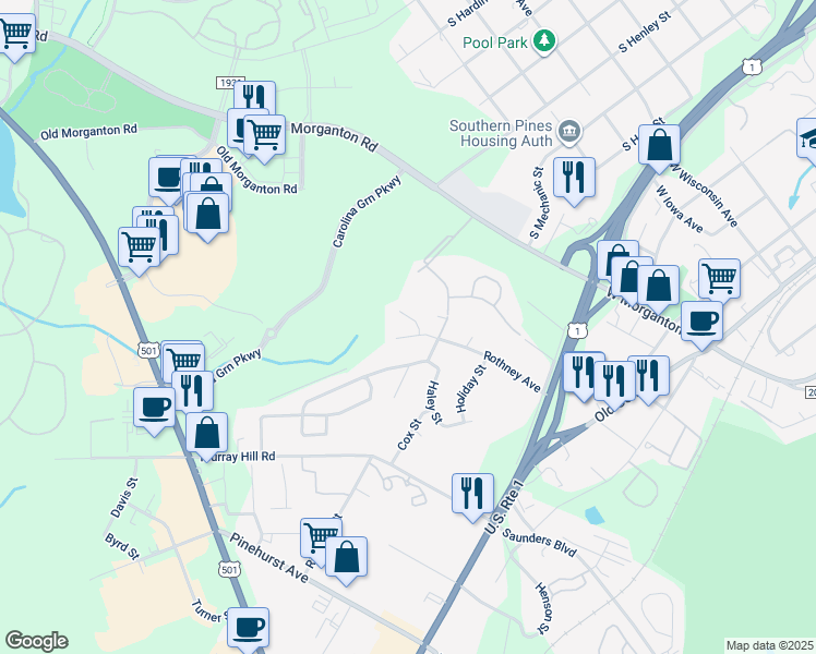 map of restaurants, bars, coffee shops, grocery stores, and more near 102 Haines Court in Southern Pines