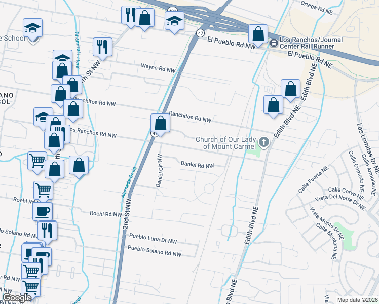 map of restaurants, bars, coffee shops, grocery stores, and more near 127 Los Ranchos Road Northwest in Albuquerque