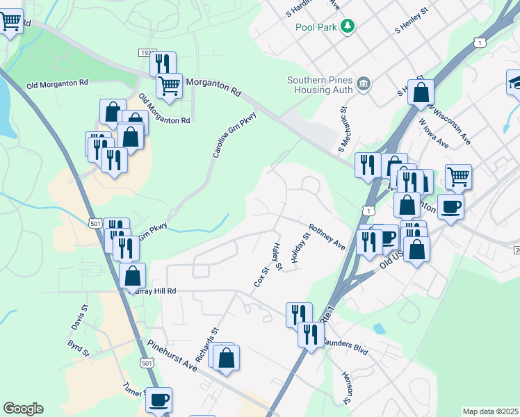 map of restaurants, bars, coffee shops, grocery stores, and more near 102 Haines Court in Southern Pines