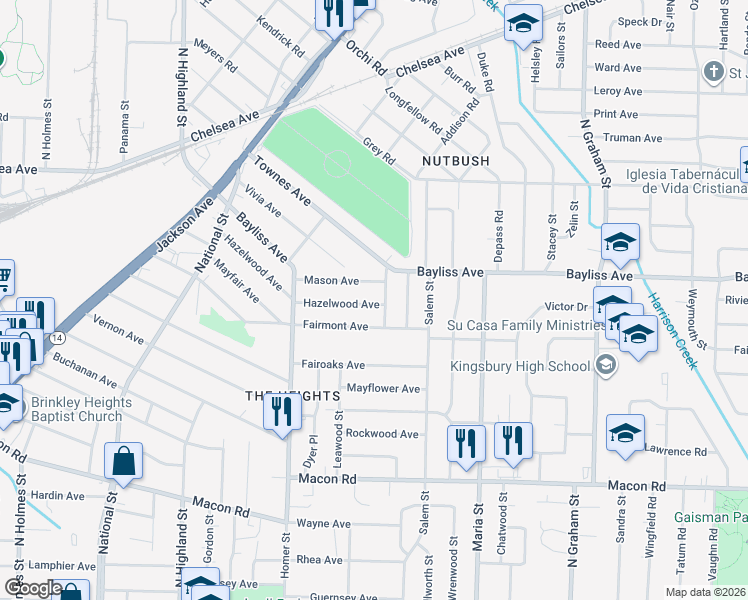 map of restaurants, bars, coffee shops, grocery stores, and more near 3737 Mason Avenue in Memphis