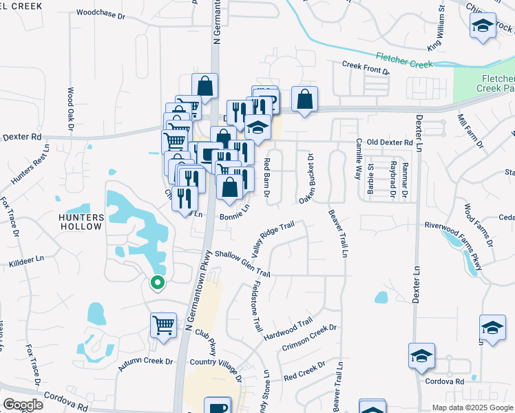 map of restaurants, bars, coffee shops, grocery stores, and more near 1599 Red Barn Drive in Memphis