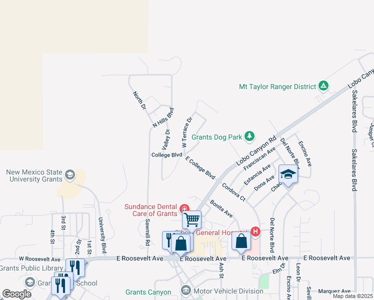 map of restaurants, bars, coffee shops, grocery stores, and more near 700 East Terrace Drive in Grants