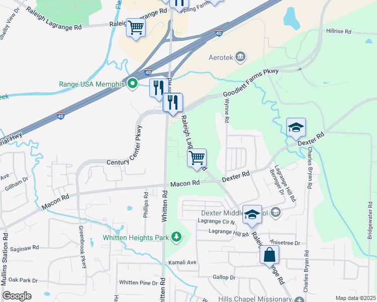 map of restaurants, bars, coffee shops, grocery stores, and more near 6849 Raleigh Lagrange Road in Memphis