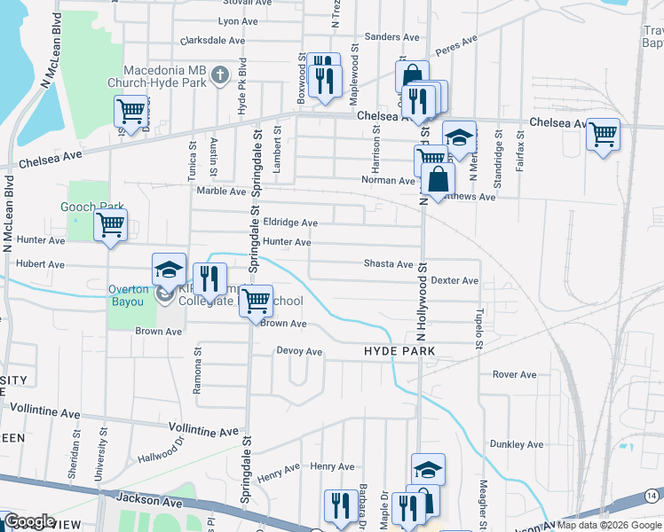 map of restaurants, bars, coffee shops, grocery stores, and more near 2304 Shasta Avenue in Memphis