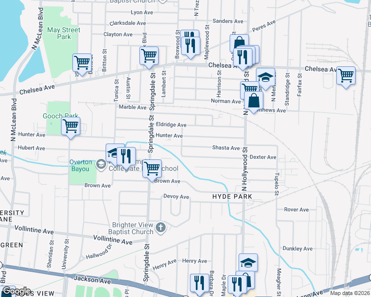 map of restaurants, bars, coffee shops, grocery stores, and more near 2304 Shasta Avenue in Memphis