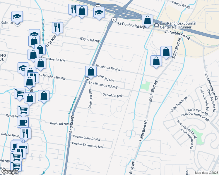 map of restaurants, bars, coffee shops, grocery stores, and more near 127 Los Ranchos Road Northwest in Albuquerque
