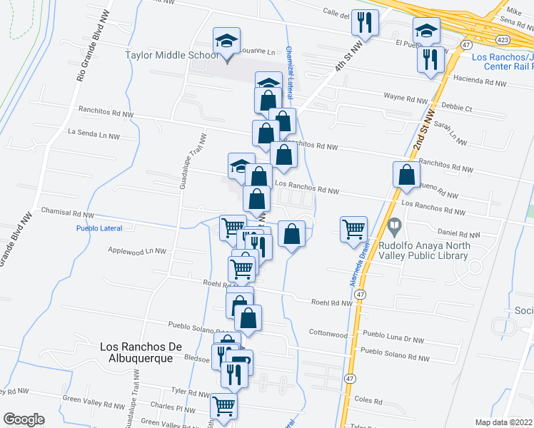 map of restaurants, bars, coffee shops, grocery stores, and more near 7520 4th Street Northwest in Los Ranchos de Albuquerque