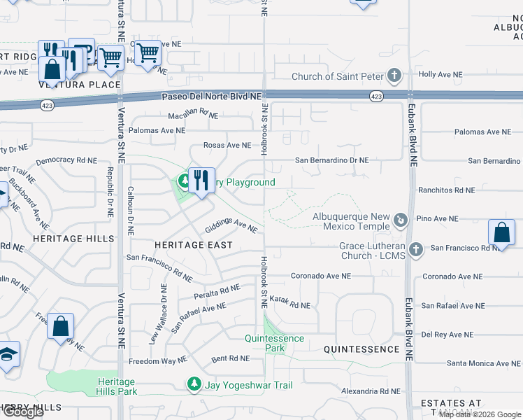 map of restaurants, bars, coffee shops, grocery stores, and more near 9680 Ranchitos Road Northeast in Albuquerque