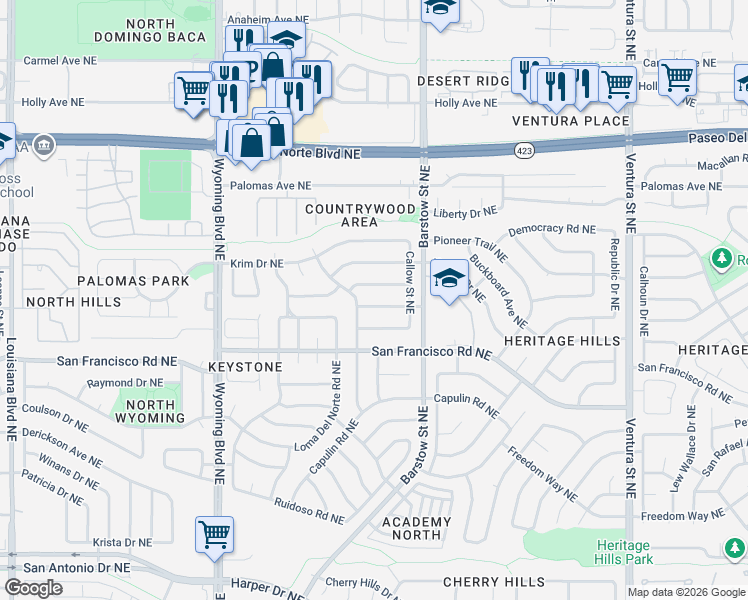 map of restaurants, bars, coffee shops, grocery stores, and more near 8300 Sprenger Drive Northeast in Albuquerque