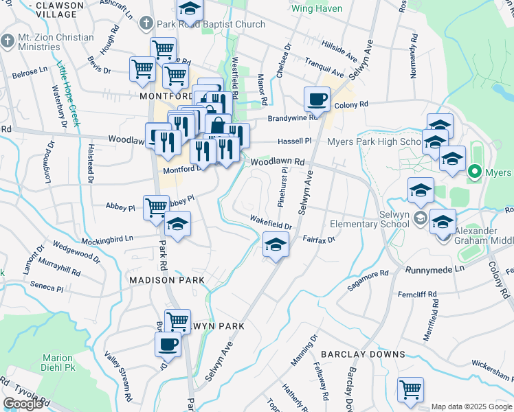 map of restaurants, bars, coffee shops, grocery stores, and more near 557 Wakefield Drive in Charlotte