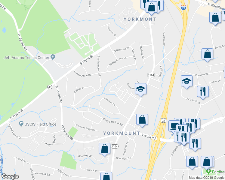 map of restaurants, bars, coffee shops, grocery stores, and more near 345 Bridal Veil Drive in Charlotte