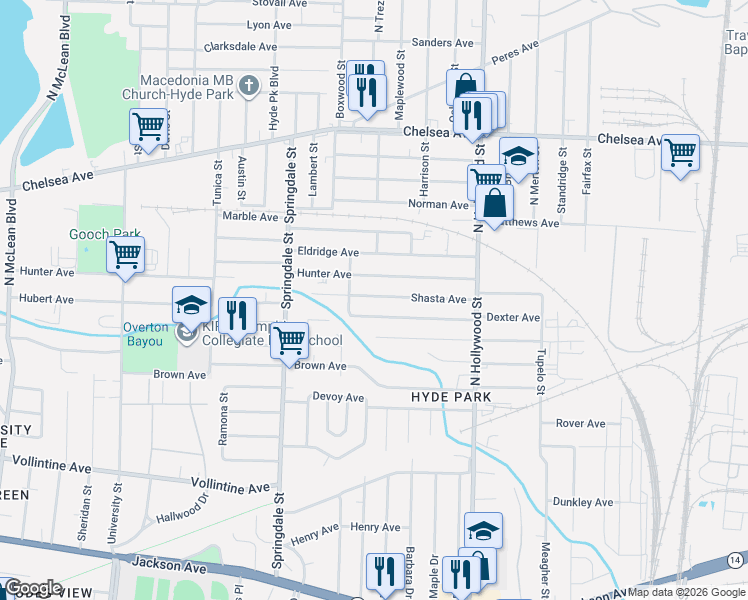 map of restaurants, bars, coffee shops, grocery stores, and more near 2304 Shasta Avenue in Memphis