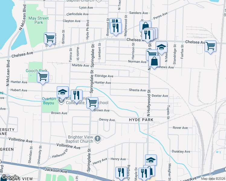 map of restaurants, bars, coffee shops, grocery stores, and more near 2304 Shasta Avenue in Memphis
