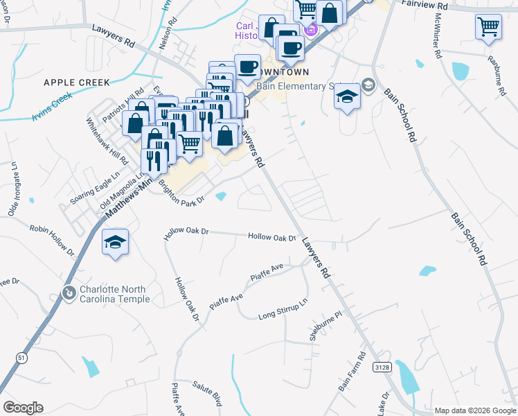 map of restaurants, bars, coffee shops, grocery stores, and more near 8235 Bretton Woods Drive in Mint Hill