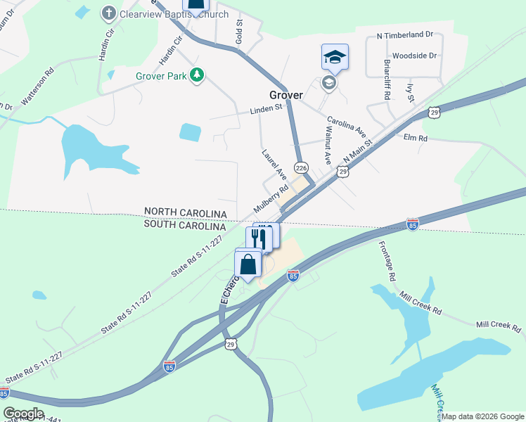 map of restaurants, bars, coffee shops, grocery stores, and more near 308 Mulberry Road in Grover