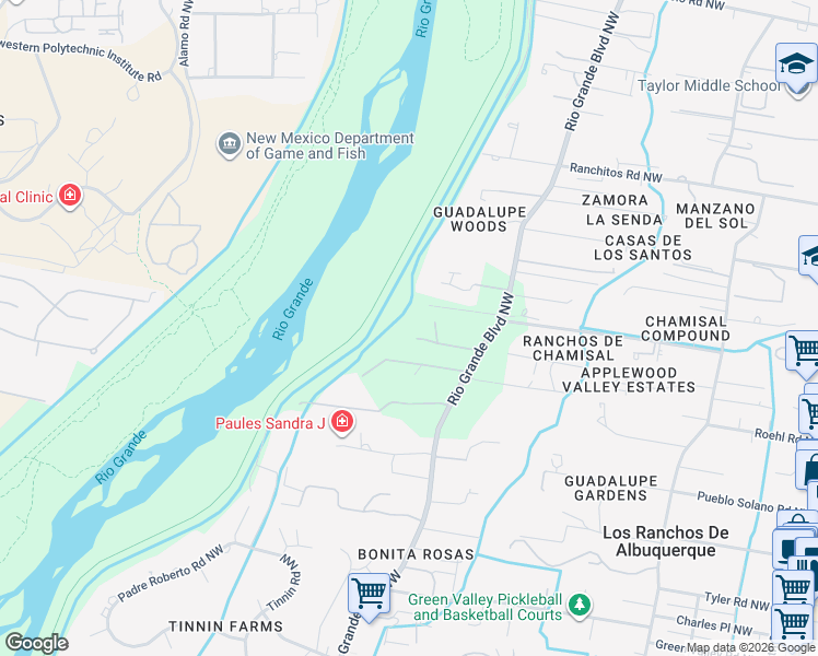map of restaurants, bars, coffee shops, grocery stores, and more near 7401 Rio Grande Boulevard Northwest in Los Ranchos de Albuquerque