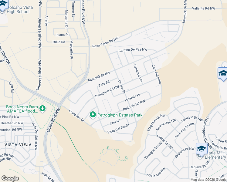 map of restaurants, bars, coffee shops, grocery stores, and more near 6512 Papagayo Road Northwest in Albuquerque