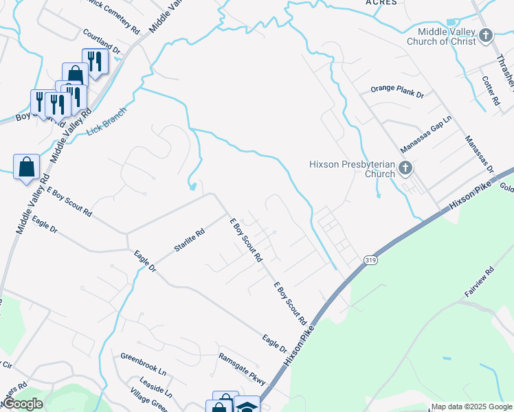 map of restaurants, bars, coffee shops, grocery stores, and more near 1605 Gunston Hall Road in Chattanooga