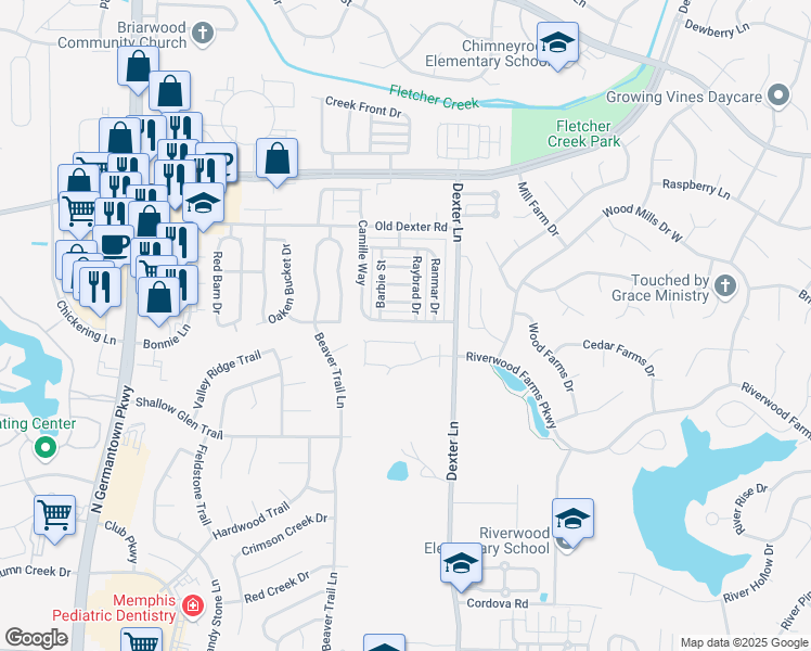 map of restaurants, bars, coffee shops, grocery stores, and more near 8419 Palm Springs Drive in Memphis