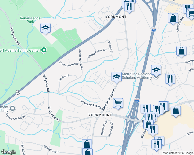 map of restaurants, bars, coffee shops, grocery stores, and more near 5604 Santeelah Court in Charlotte