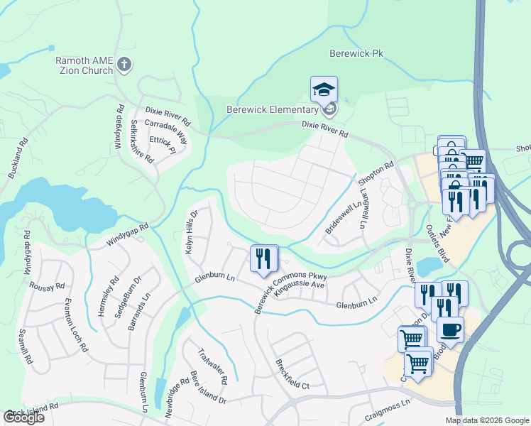 map of restaurants, bars, coffee shops, grocery stores, and more near 7458 Hamilton Bridge Road in Charlotte
