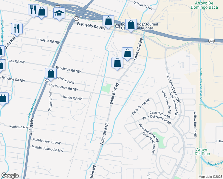 map of restaurants, bars, coffee shops, grocery stores, and more near 7805 Edith Boulevard Northeast in Albuquerque