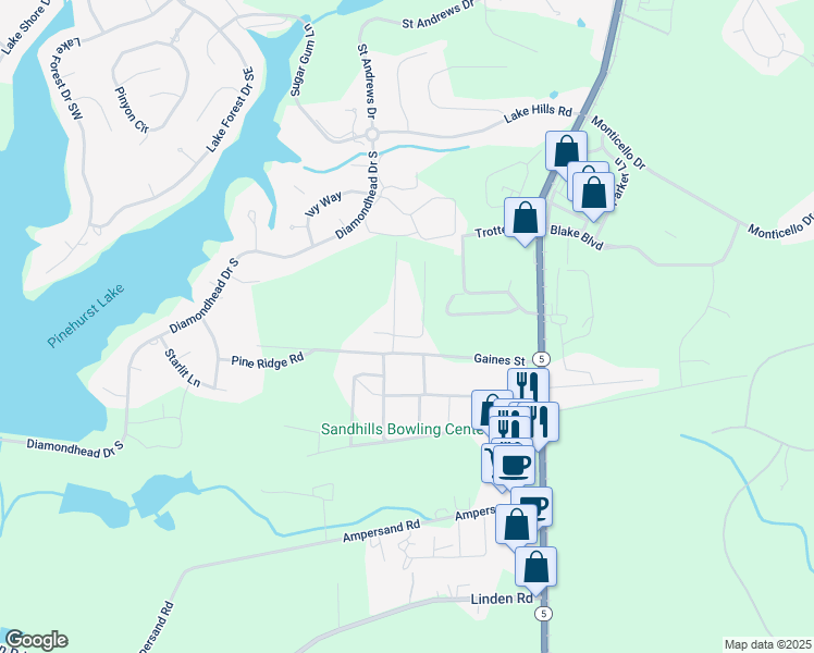 map of restaurants, bars, coffee shops, grocery stores, and more near Armstrong Lane in Moore County