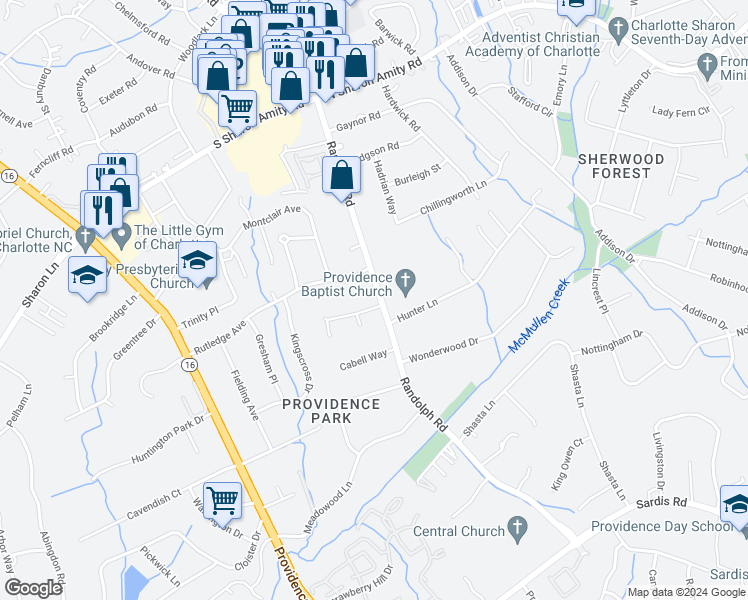 map of restaurants, bars, coffee shops, grocery stores, and more near 104 Beckham Court in Charlotte