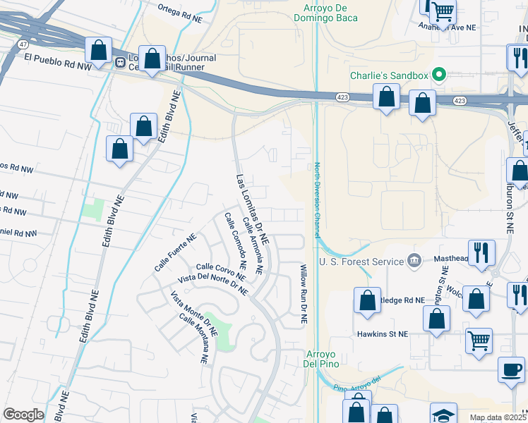 map of restaurants, bars, coffee shops, grocery stores, and more near 1335 El Segundo Avenue Northeast in Albuquerque