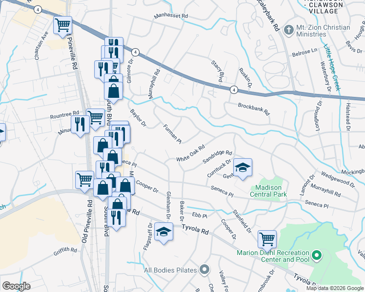 map of restaurants, bars, coffee shops, grocery stores, and more near 5234 Furman Place in Charlotte