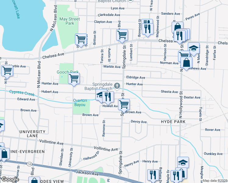 map of restaurants, bars, coffee shops, grocery stores, and more near 2166 North Hubert Circle in Memphis