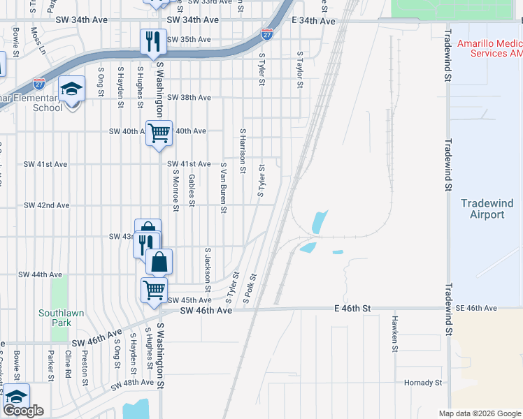 map of restaurants, bars, coffee shops, grocery stores, and more near 4201 South Tyler Street in Amarillo