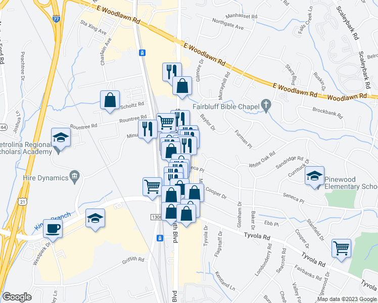 map of restaurants, bars, coffee shops, grocery stores, and more near 5033 South Boulevard in Charlotte