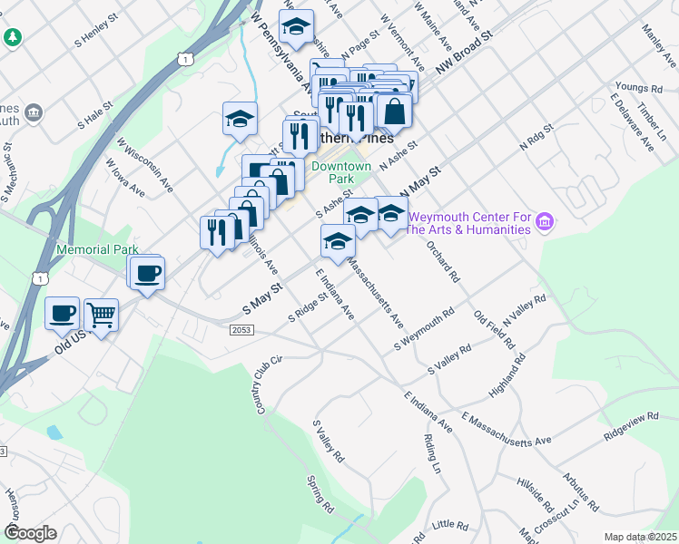 map of restaurants, bars, coffee shops, grocery stores, and more near 340 East Massachusetts Avenue in Southern Pines