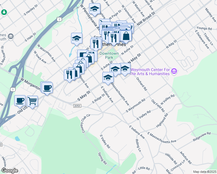 map of restaurants, bars, coffee shops, grocery stores, and more near 340 East Massachusetts Avenue in Southern Pines